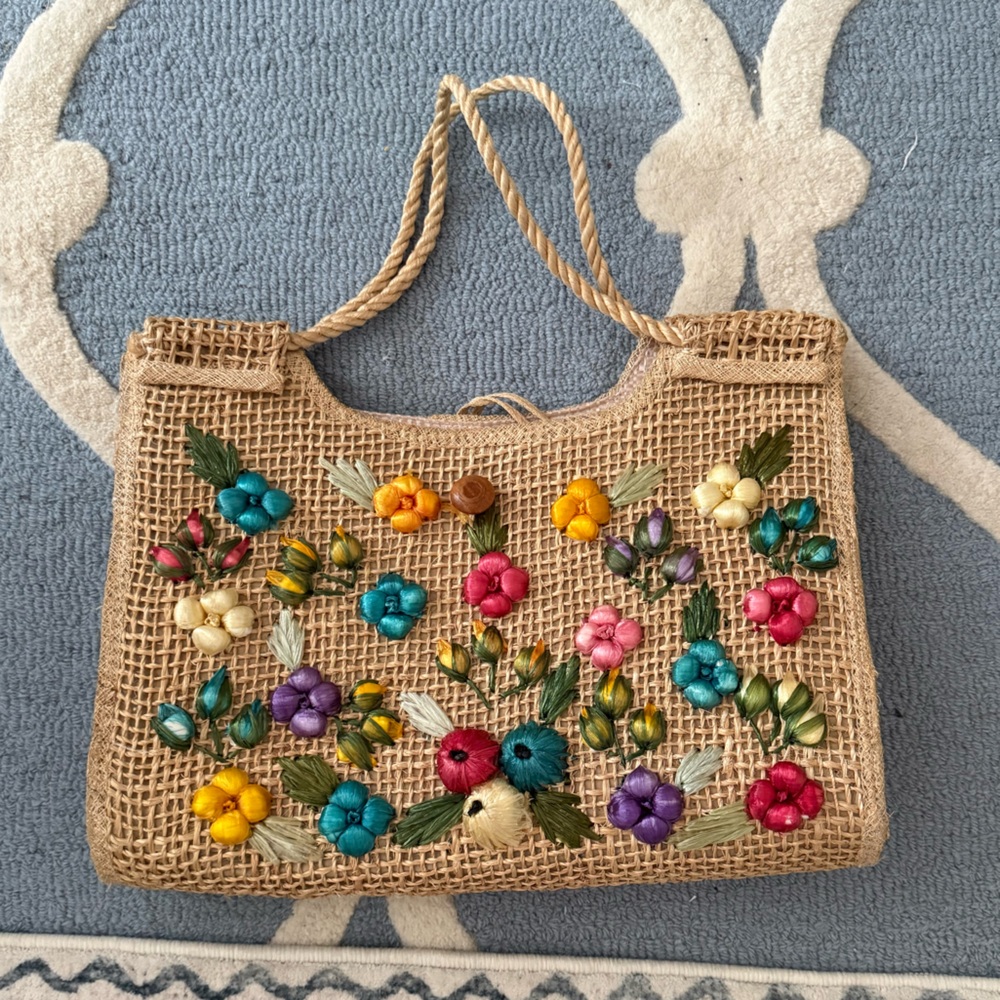 Vintage Floral Embellished Jute Tote Bag